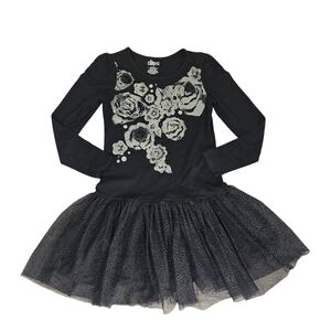 Circo Black Silver Floral Long Sleeve Dress Sparkle Tutu Skirt Girls Size Large